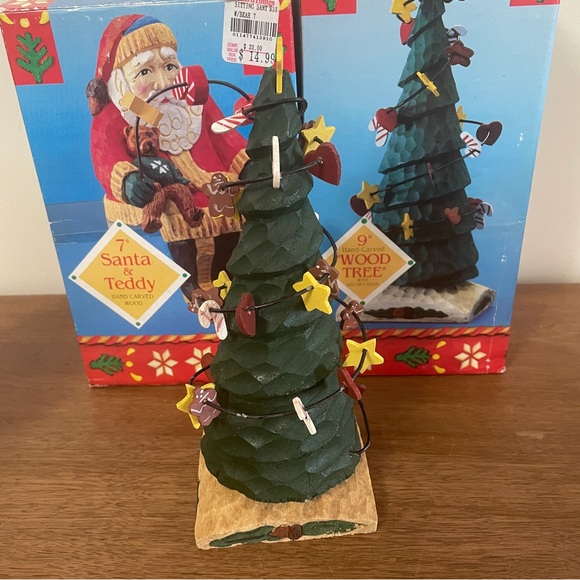Figments of Folklore Hand Carved Wood Santa & Teddy 7”+ Christmas Tree 9” - Picture 10 of 14